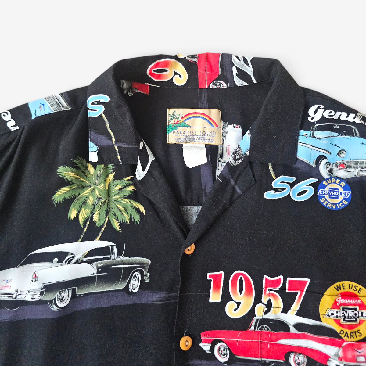 Hawaiian Rayon Shirt Vintage 90's Paradise Found Chevrolet - Made in USA Hawaii (L)