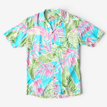 Hawaiian Rayon Shirt Paradise Found Cabana Palms - Made in USA Hawaii